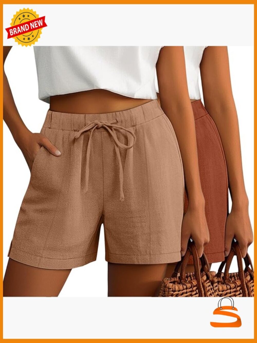 2 Pack Linen Drawstring Elastic Waist Summer Shorts with Pockets
